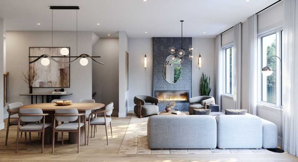 The Olive, 35' Collection: dining area and living room with a fireplace and tall windows