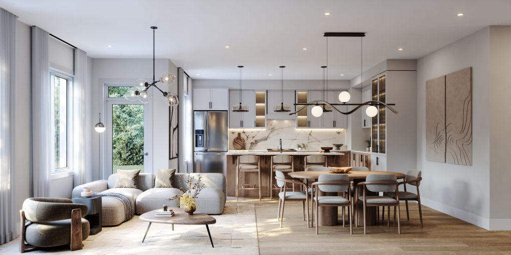 The Olive Loft, 35' Collection: living room open to the kitchen and dining area