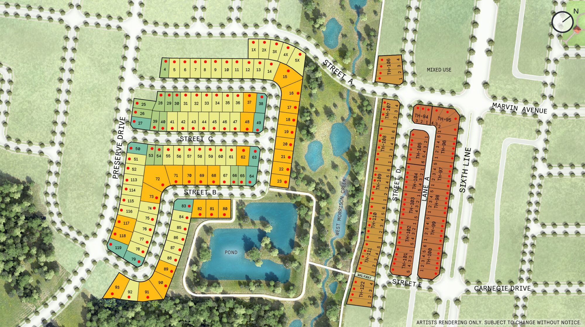 Site plan of West Morrison Creek at Creekside, Oakville, with the released lots shaded