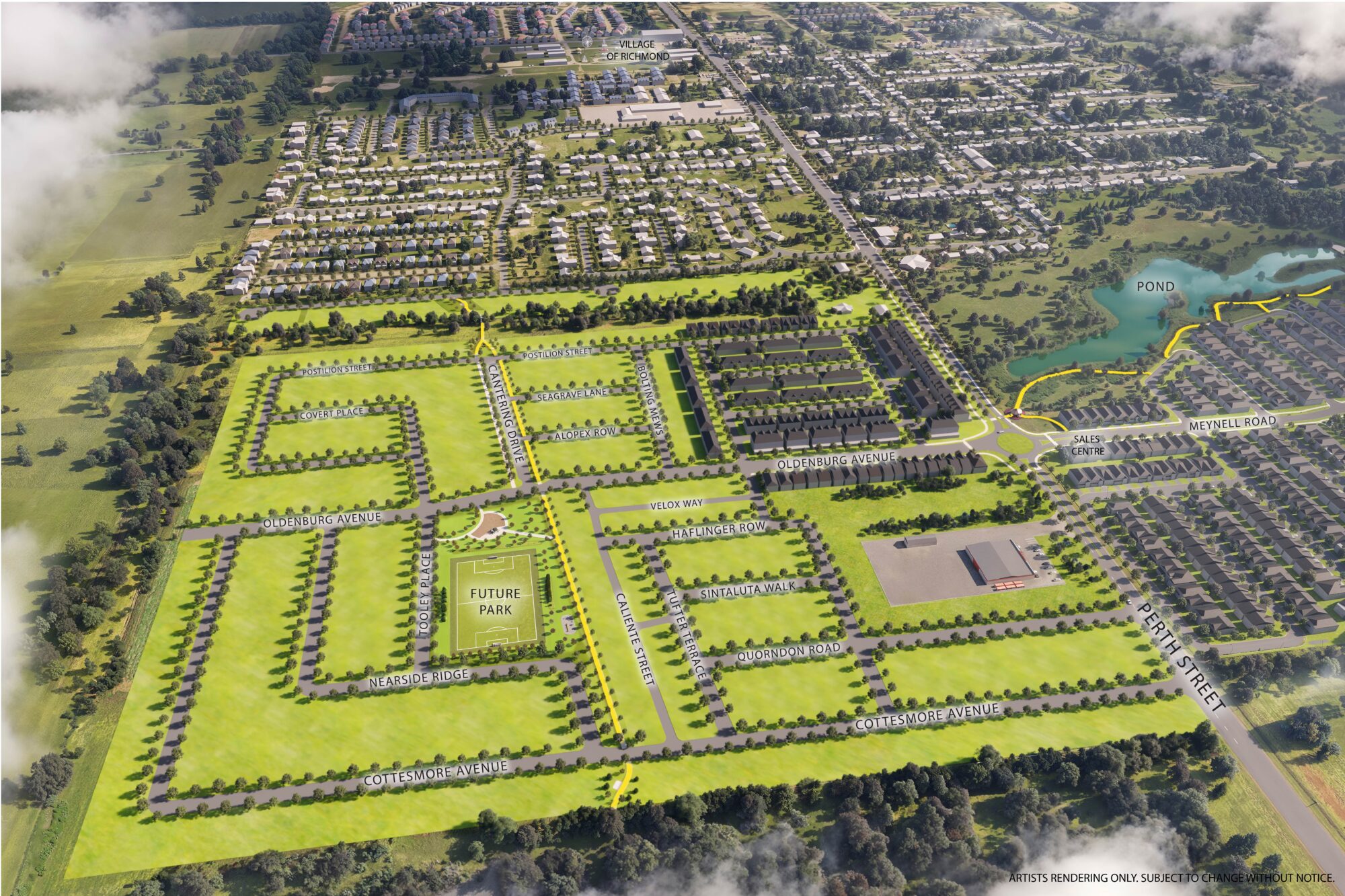 Aerial rendering of the Fox Run community, with streets, parkland and a pond