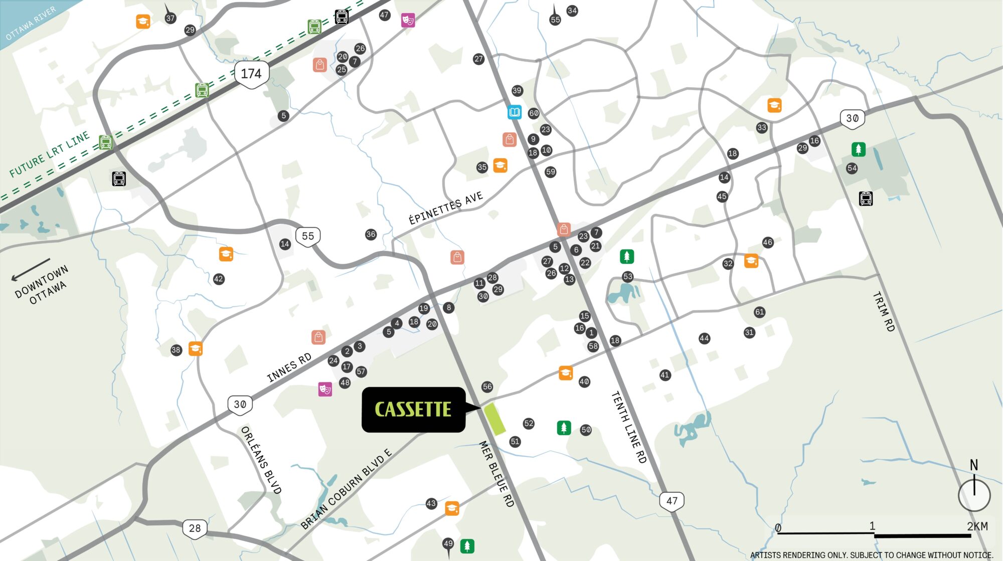 Amenity map around Cassette in Orléans, with shops, schools and parks marked