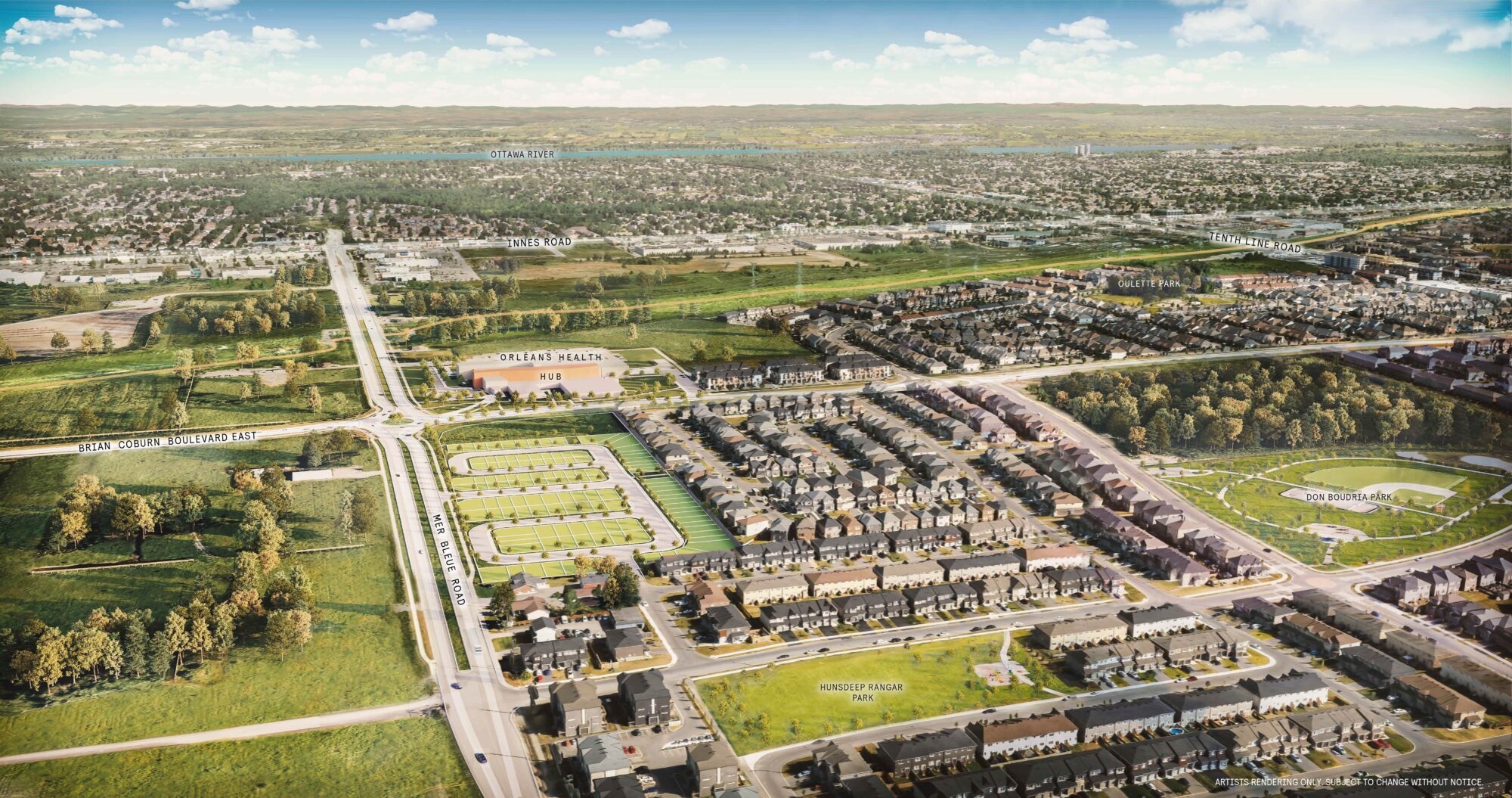 Aerial rendering of the Cassette community in Orléans, with streets of towns and open land beyond