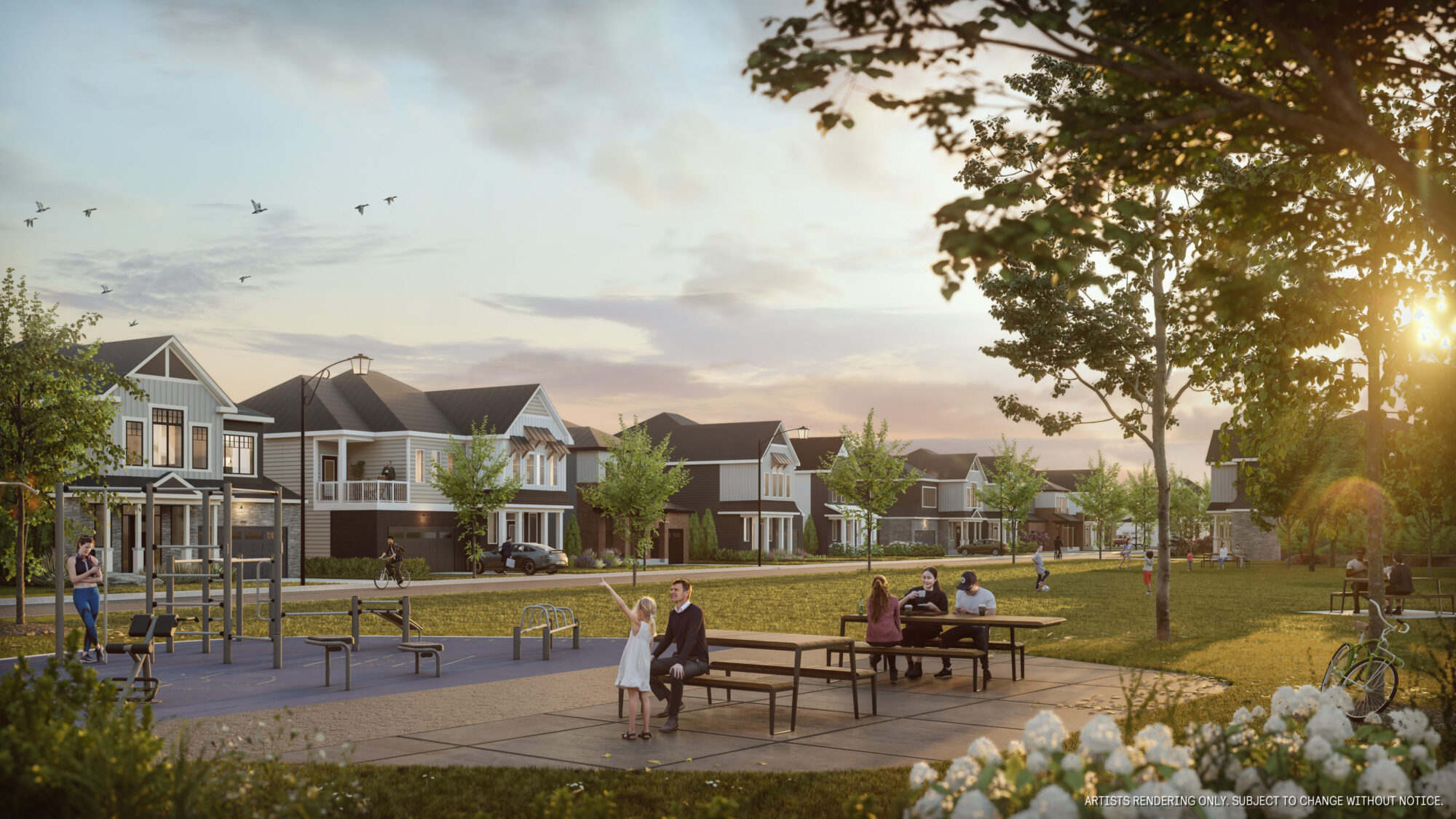 Rendering of a Fox Run park at golden hour, with benches, a path and homes beyond