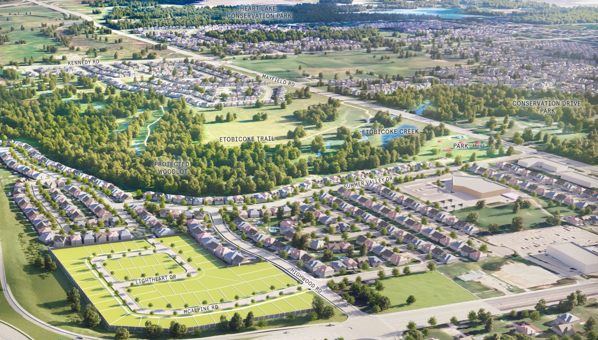 Aerial rendering of the Summer Valley community in Caledon, with streets, parks and open country beyond