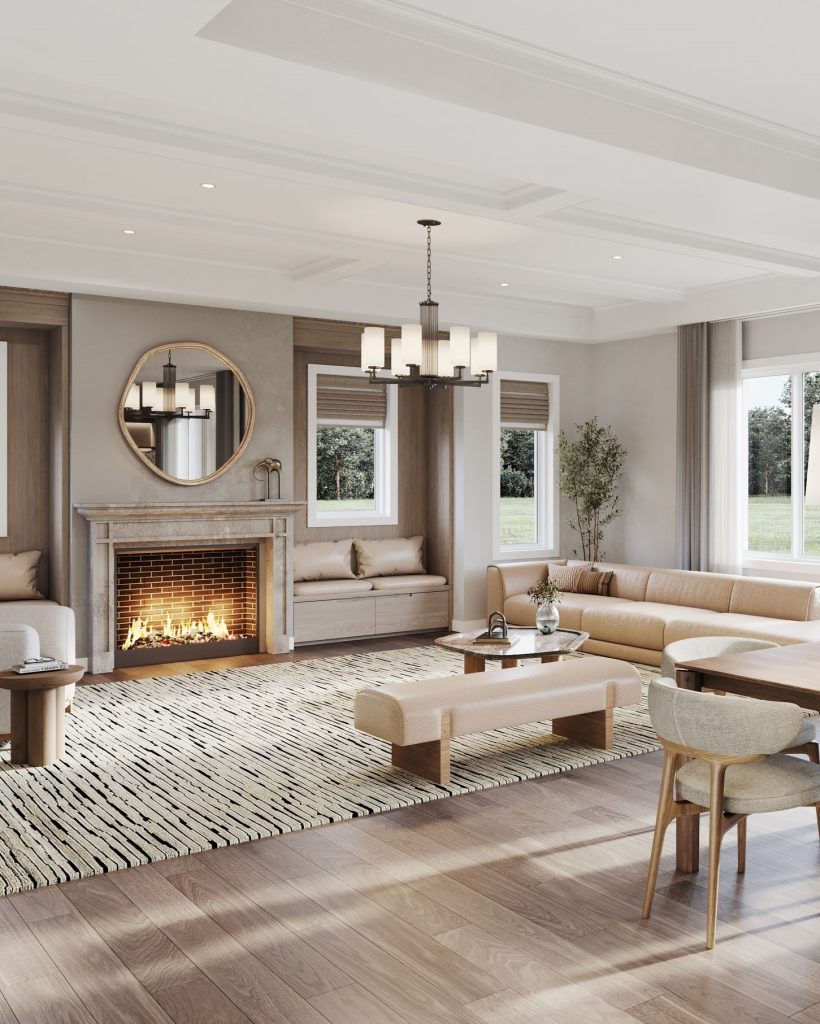 The Hawthorne Loft at Summer Valley: great room with a fireplace and dining area beyond