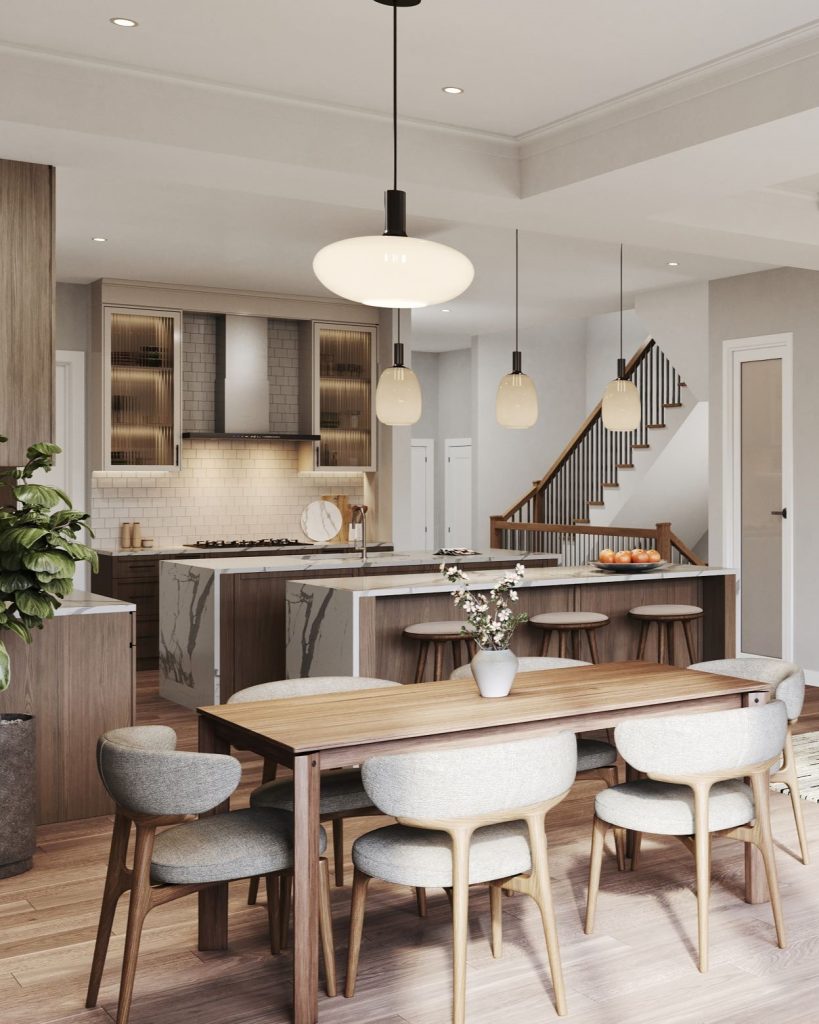 The Hawthorne Loft at Summer Valley: kitchen and dining area with pendant lighting
