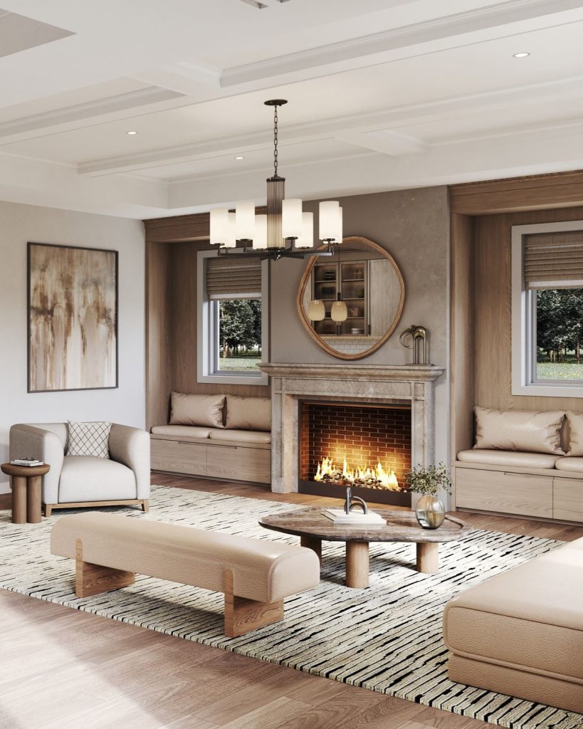 The Hawthorne Loft at Summer Valley: great room with a stone fireplace and round mirror above