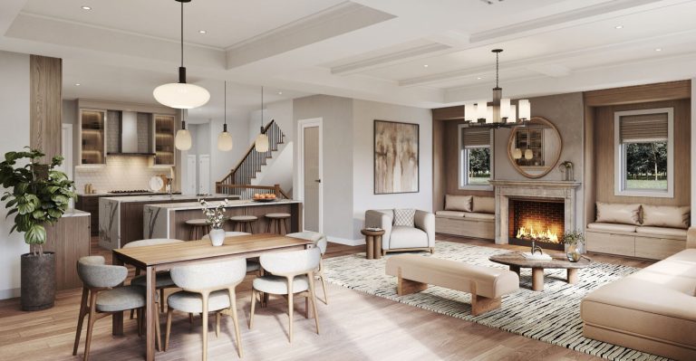 Plan 20 Loft at Summer Valley: open kitchen, dining table and living room with a fireplace