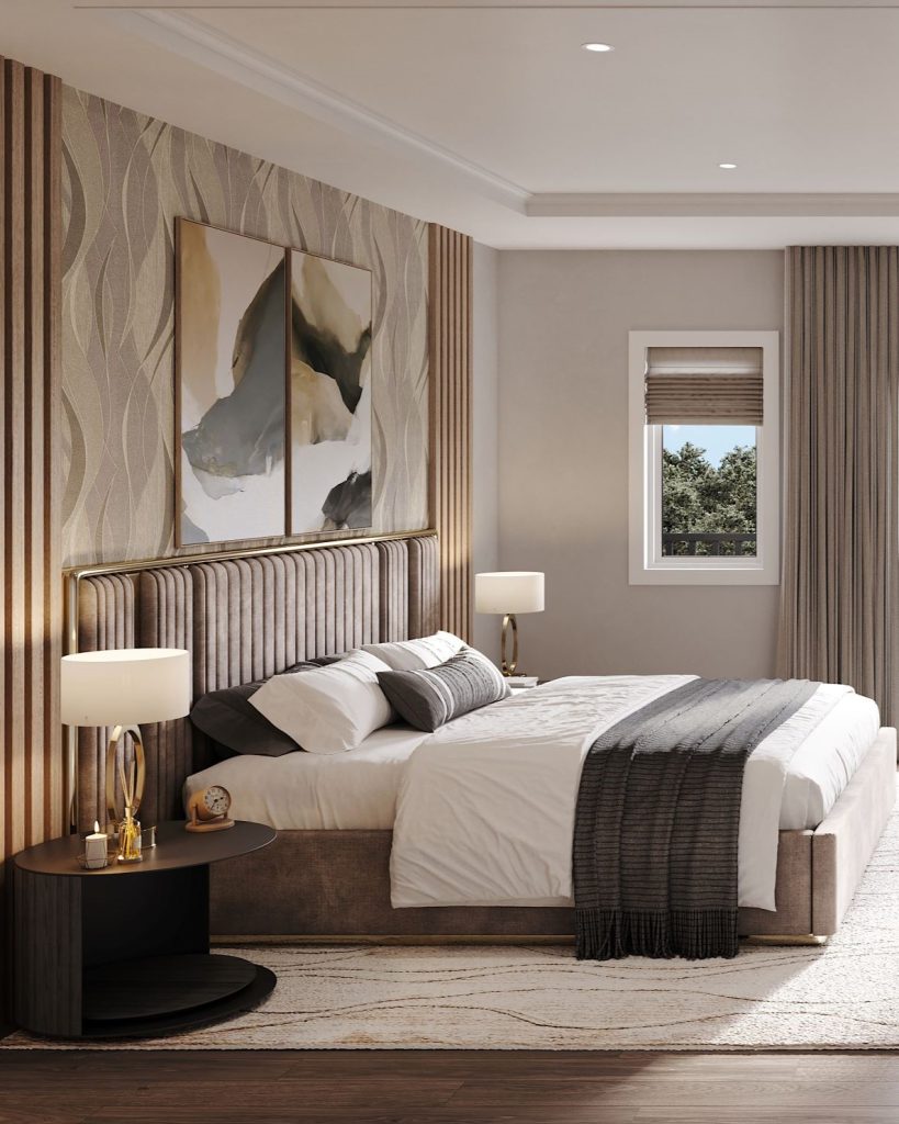 The Hawthorne Loft at Summer Valley: primary bedroom with a panelled feature wall
