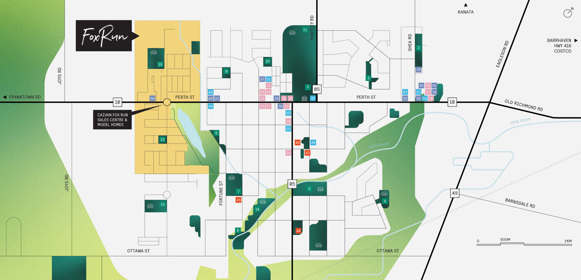 Amenity map around Fox Run, with schools, parks and shops marked