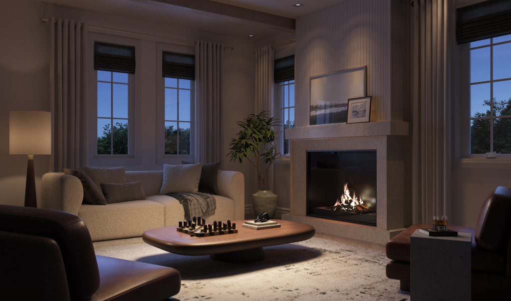 Riverview living vignette with a fireplace, low table and pale sofas