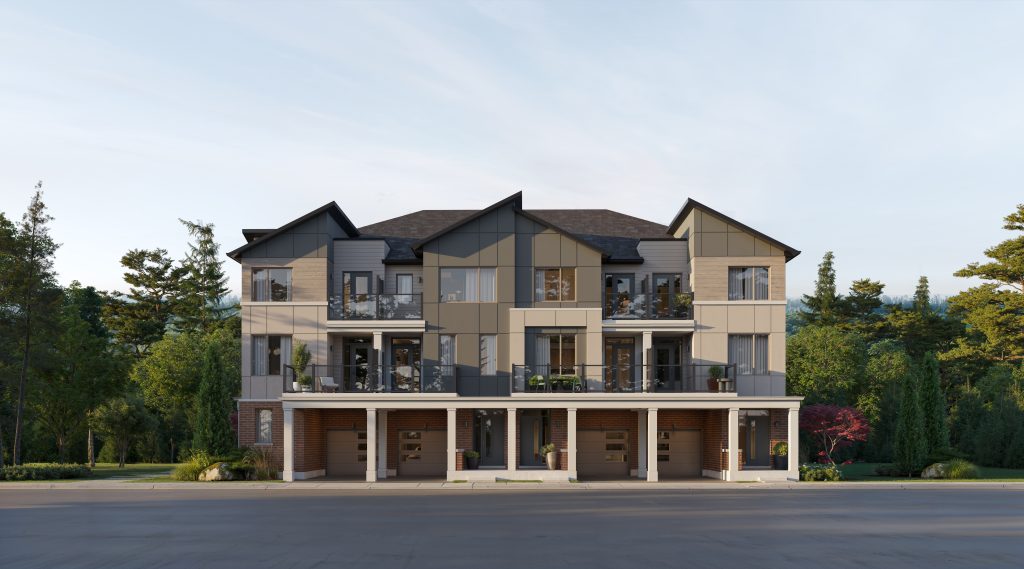 Riverview Towns: elevation rendering of a town block with covered porches and balconies