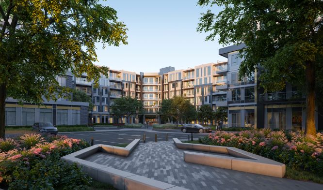 Courtyard at The Saw Whet, looking towards the building's inner facade and planting beds