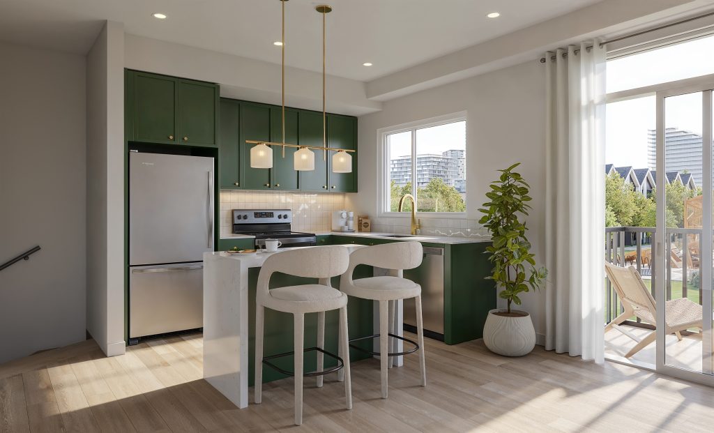Aura kitchen with deep green cabinetry, an island with stools and a balcony door
