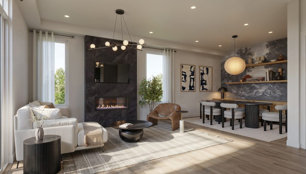 Living room in an Aura upper residence, with a marble fireplace and dining area beyond