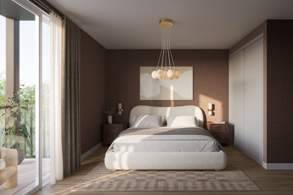 Primary bedroom in an Aura upper residence, with floor-to-ceiling windows