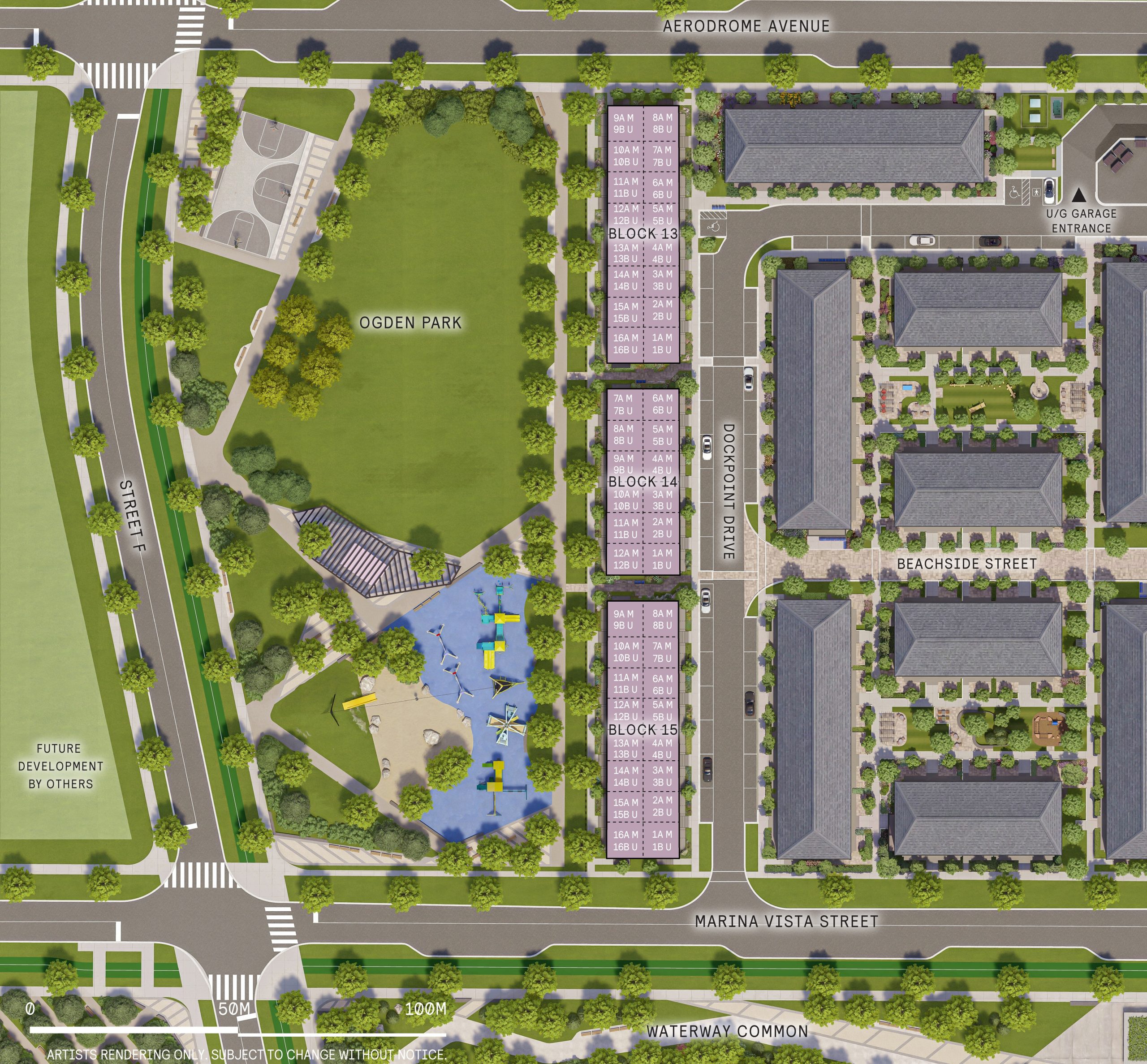 Site plan of Aura at Lakeview Village, showing the townhome blocks, streets and park