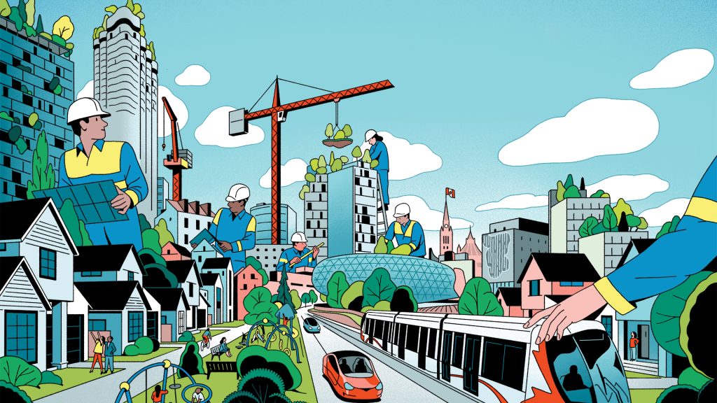 Illustration of construction workers, cranes and transit in a growing city