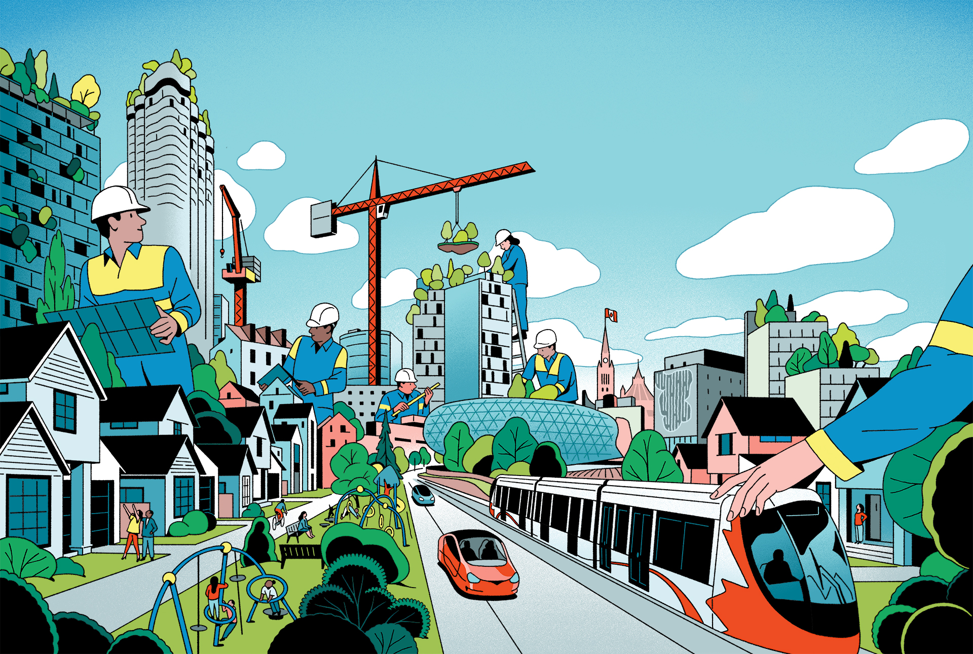 Illustration of construction workers, cranes and transit in a growing city