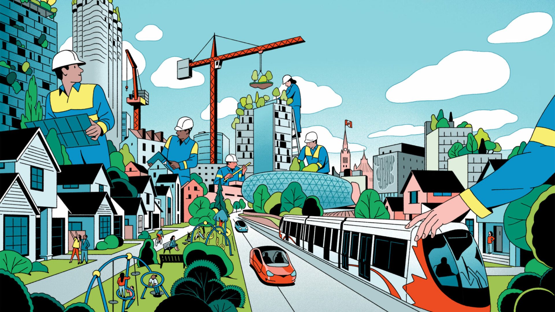 Illustration of construction workers, cranes and transit in a growing city