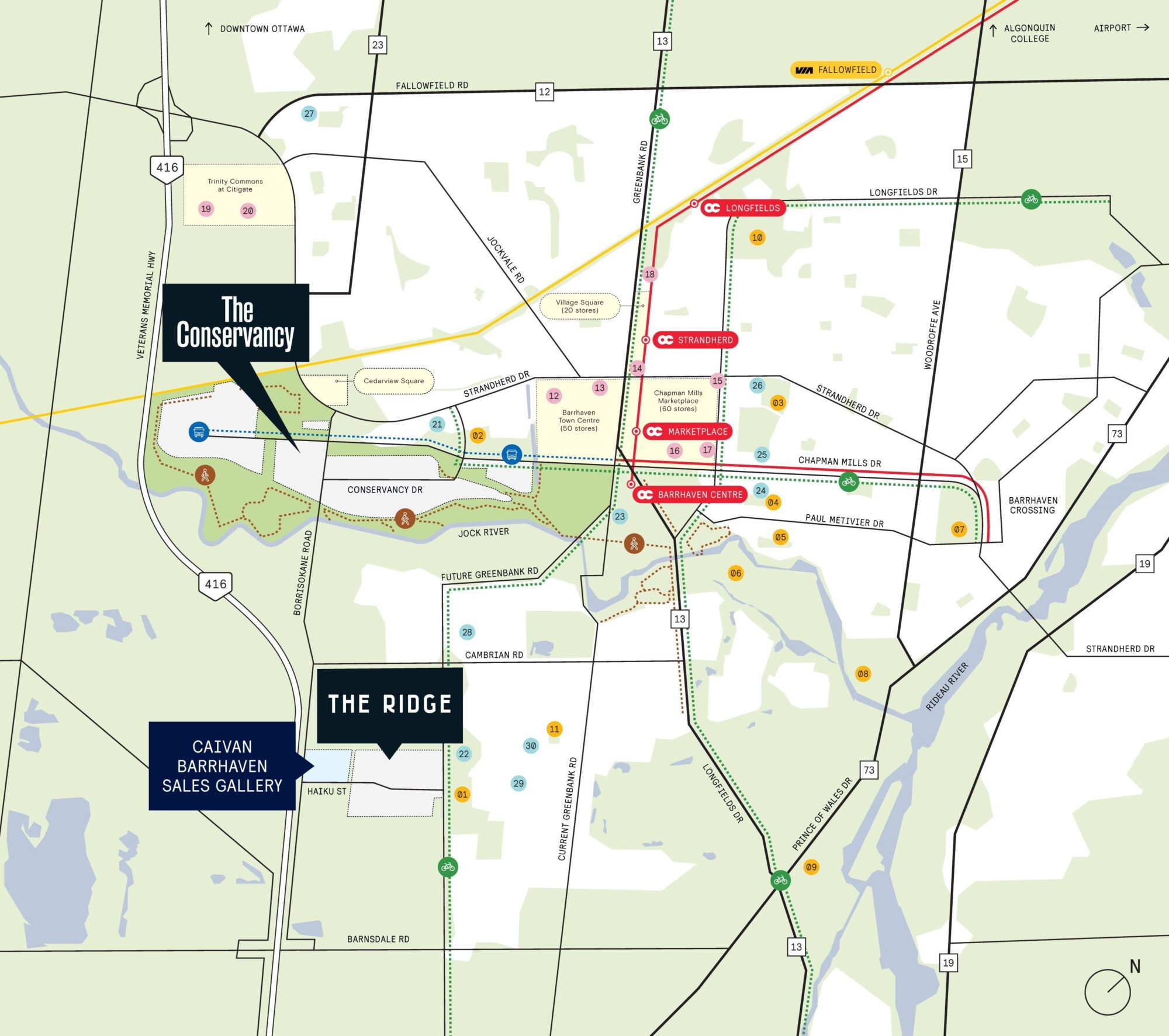 Amenity map of Barrhaven, showing The Conservancy, The Ridge and the Caivan sales gallery