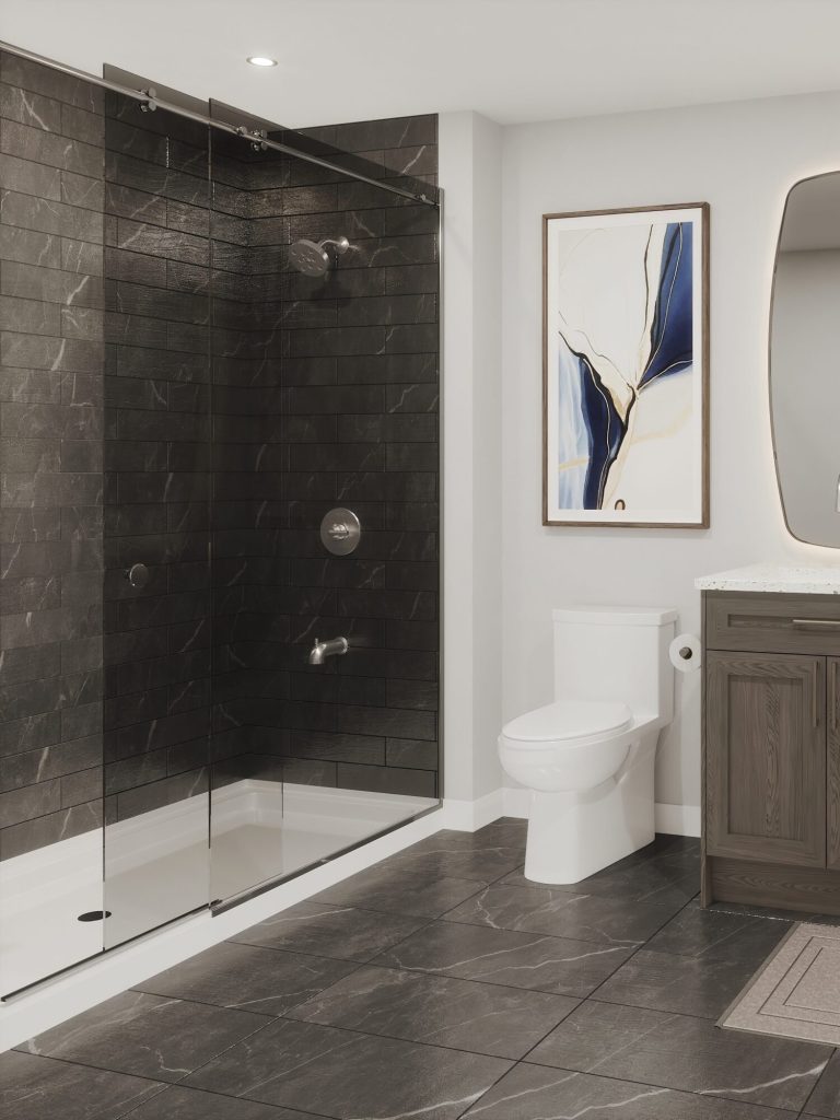 Summit Series upper residence Plan 2E at The Conservancy: bathroom with a dark-tiled walk-in shower