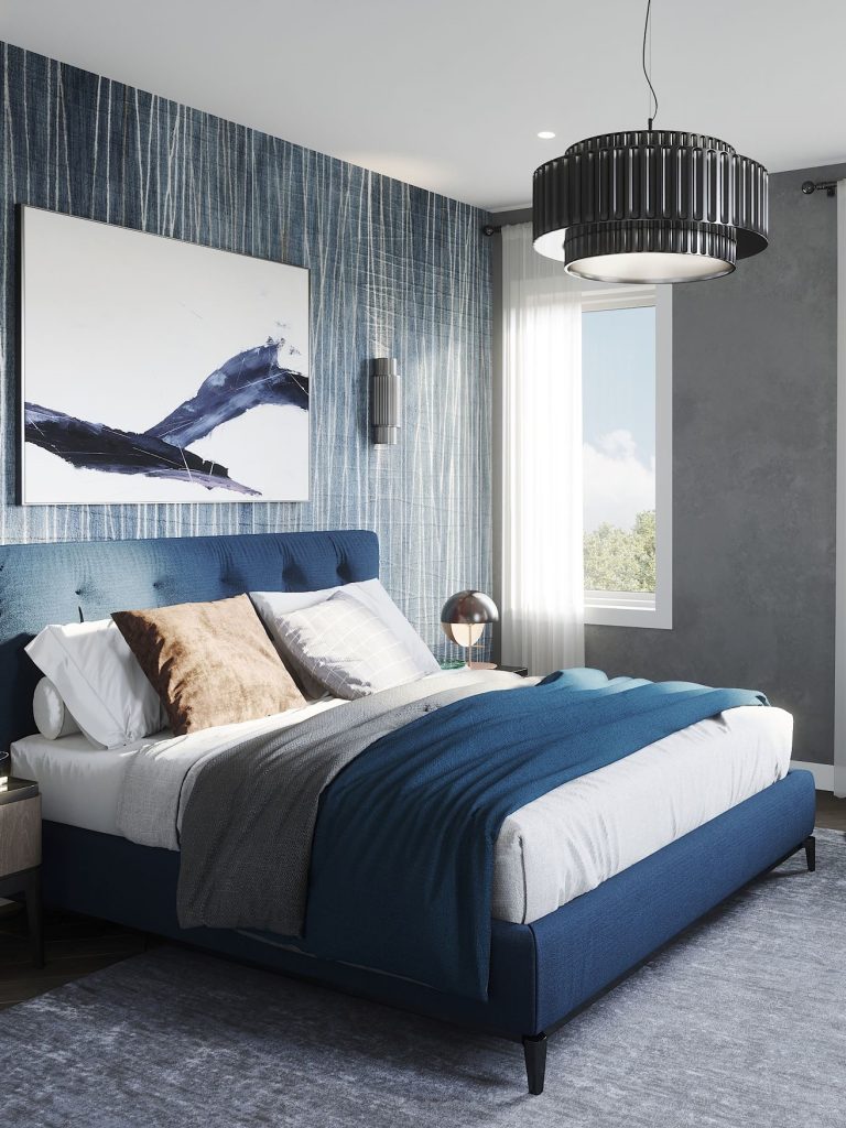 Summit Series upper residence Plan 2E at The Conservancy: bedroom with a blue feature wall and drum pendant