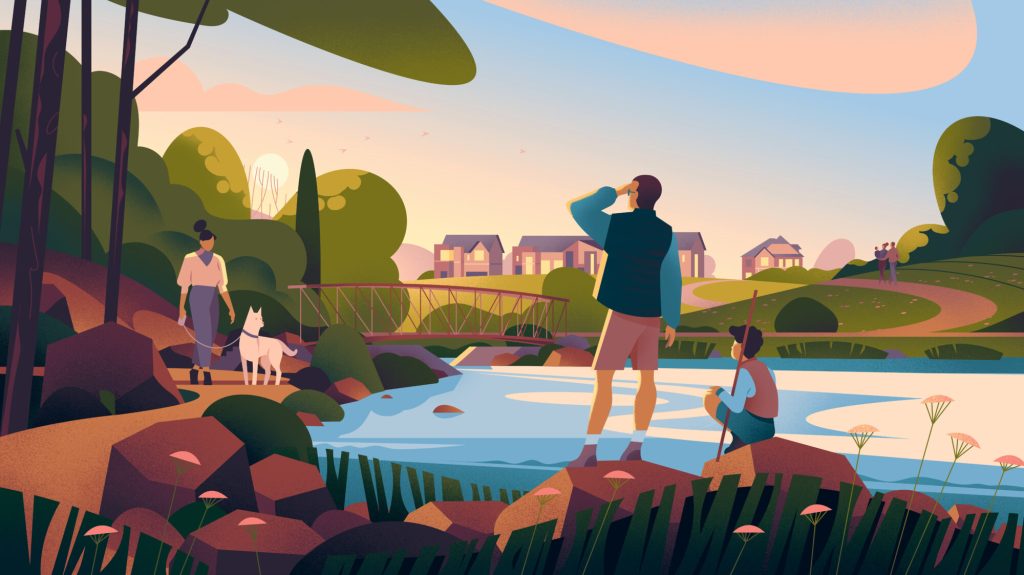 Illustration of people by a pond at sunset at Creekside, with homes on the far bank