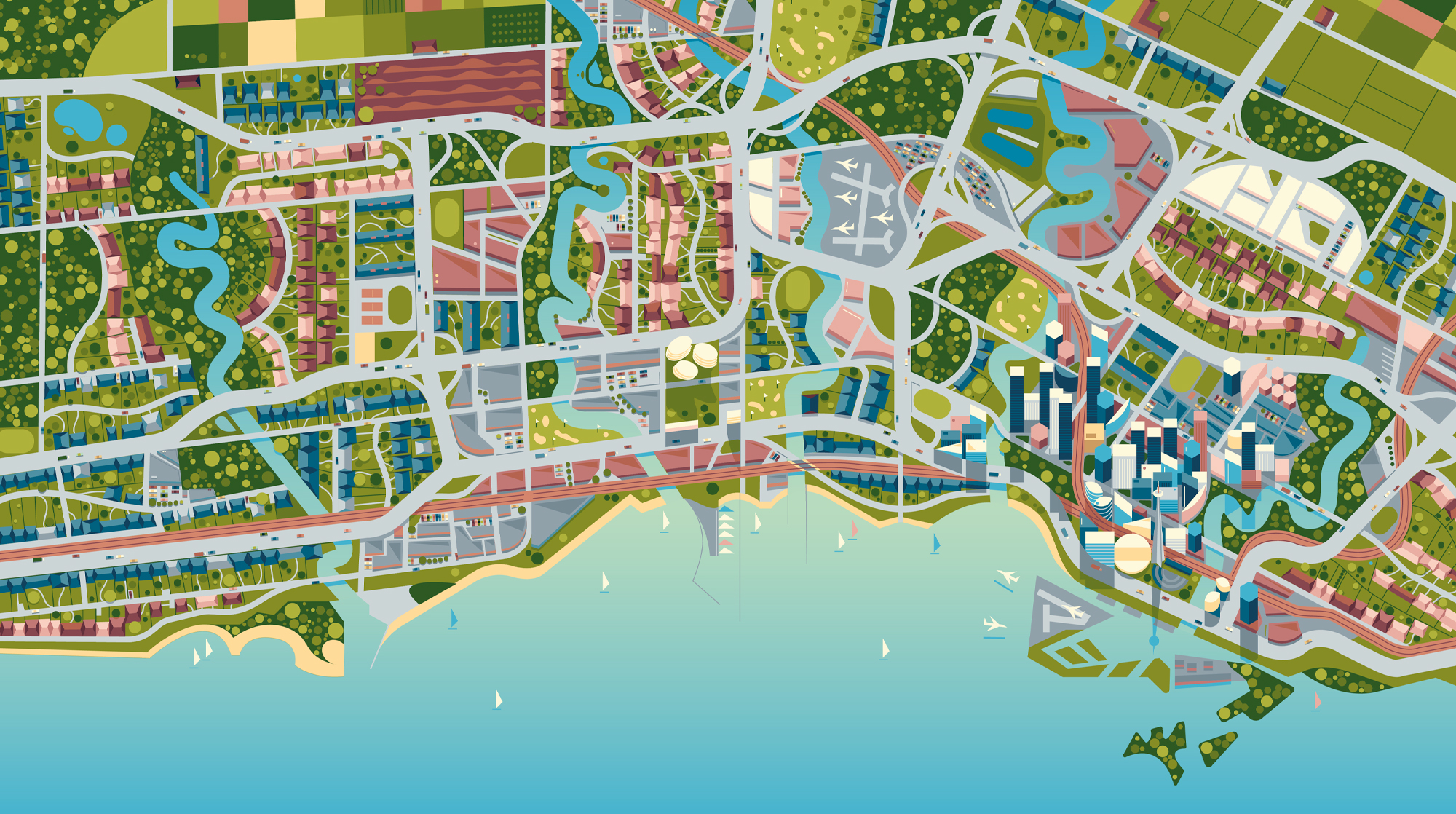 Illustrated map of the Greater Toronto Area lakeshore, with parks, streets and the waterfront