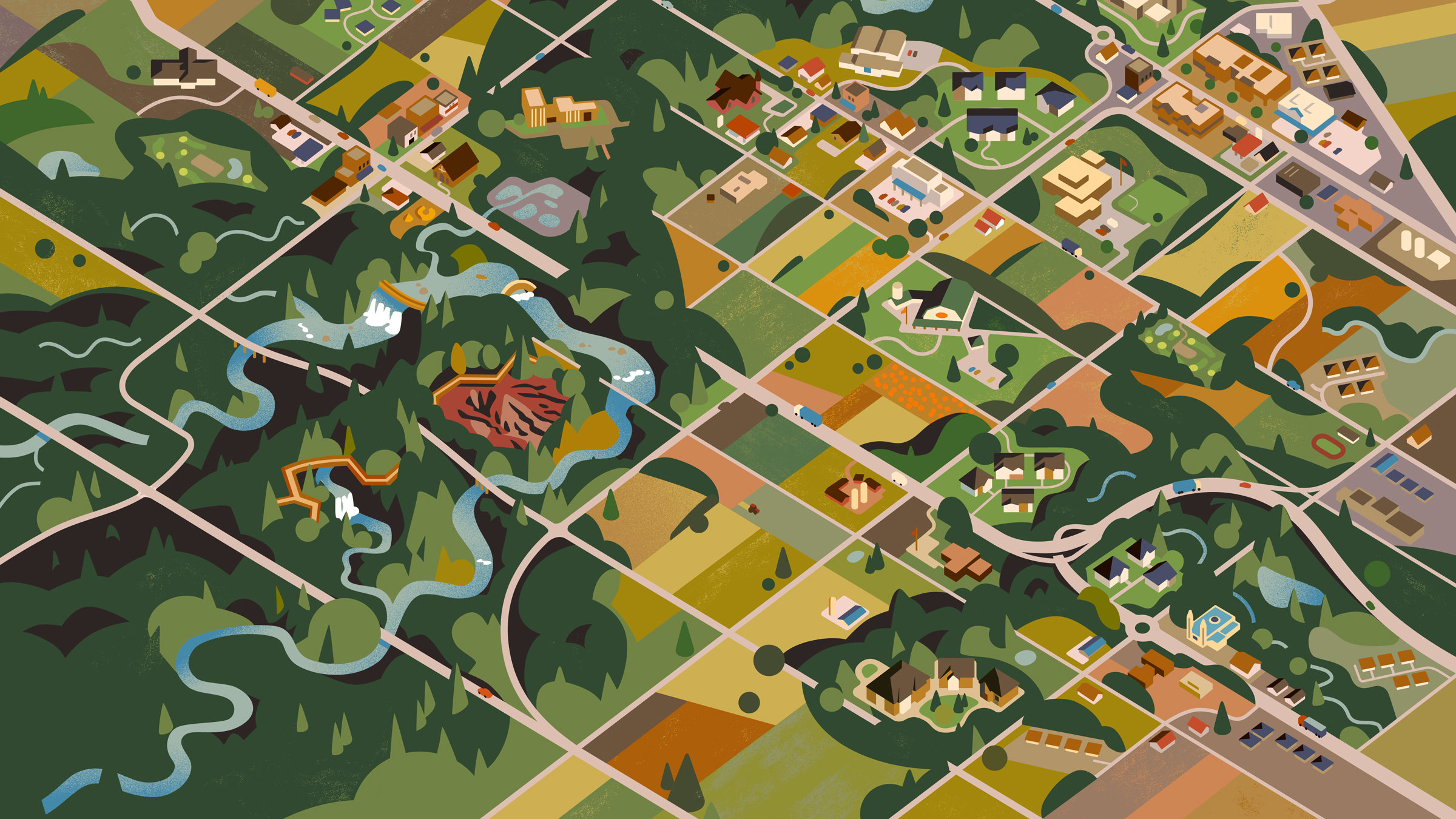 Illustrated map of Caledon, with farmland, villages and winding roads