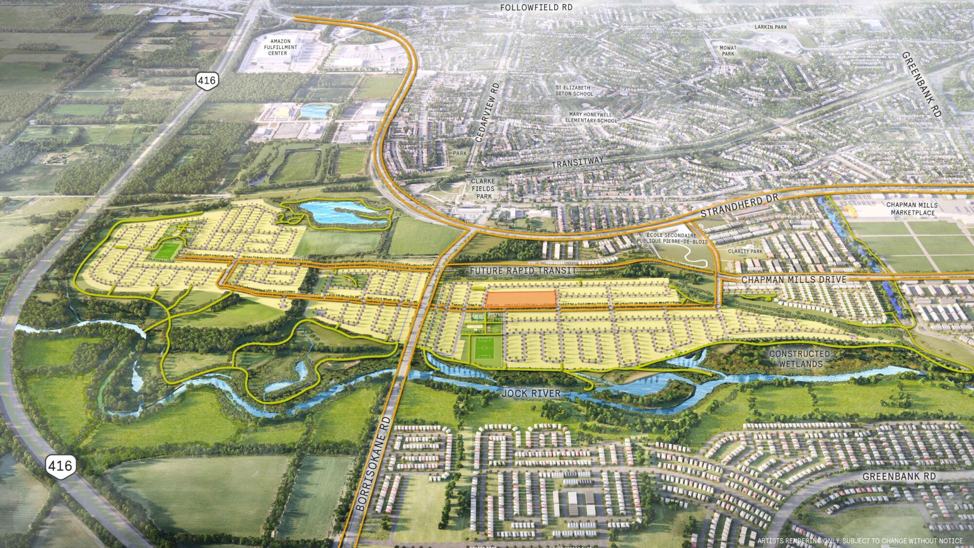 Aerial rendering of The Conservancy community plan, with the creek corridor running through it