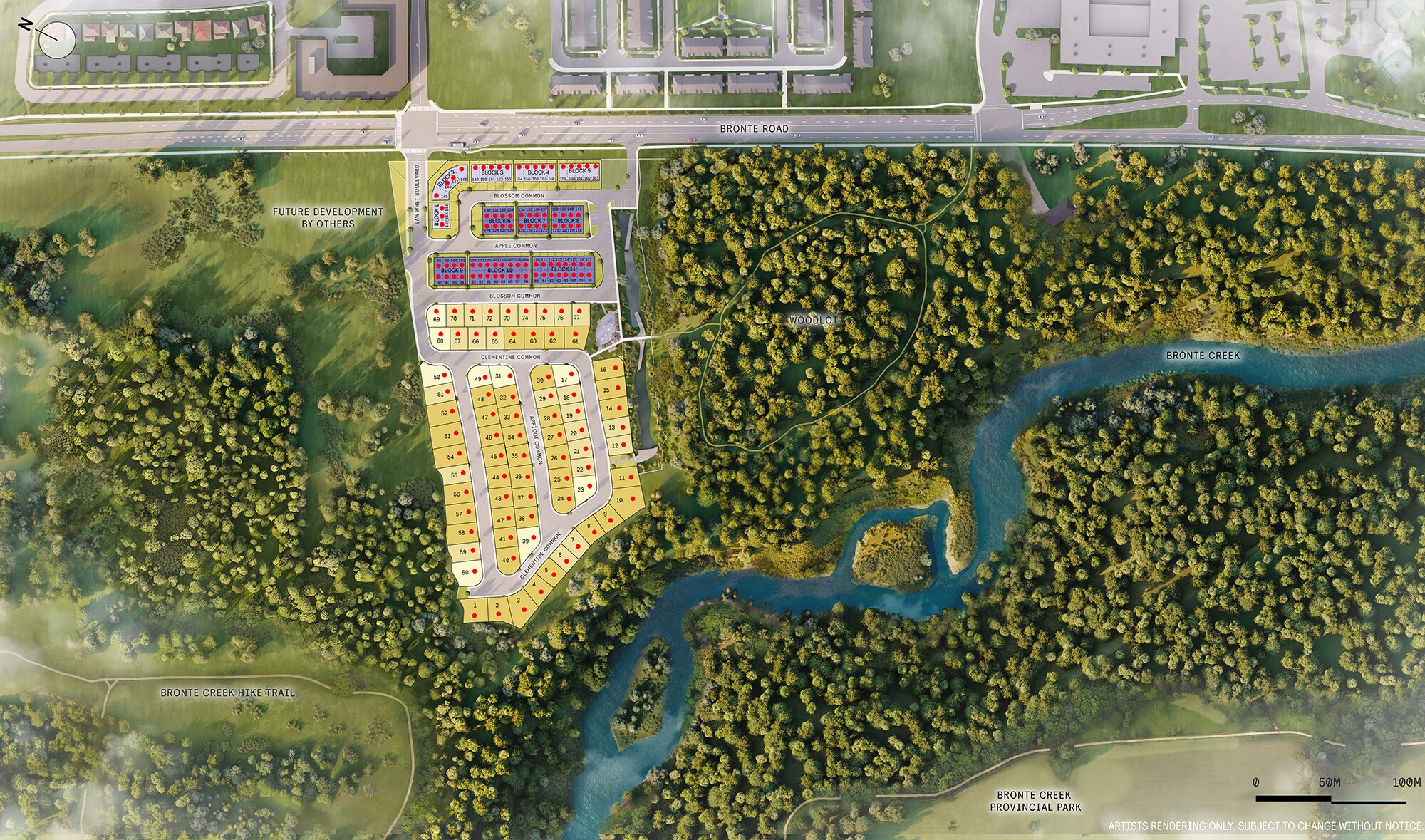 Site plan of Riverview in South Oakville, with the blocks shaded beside the creek and woods