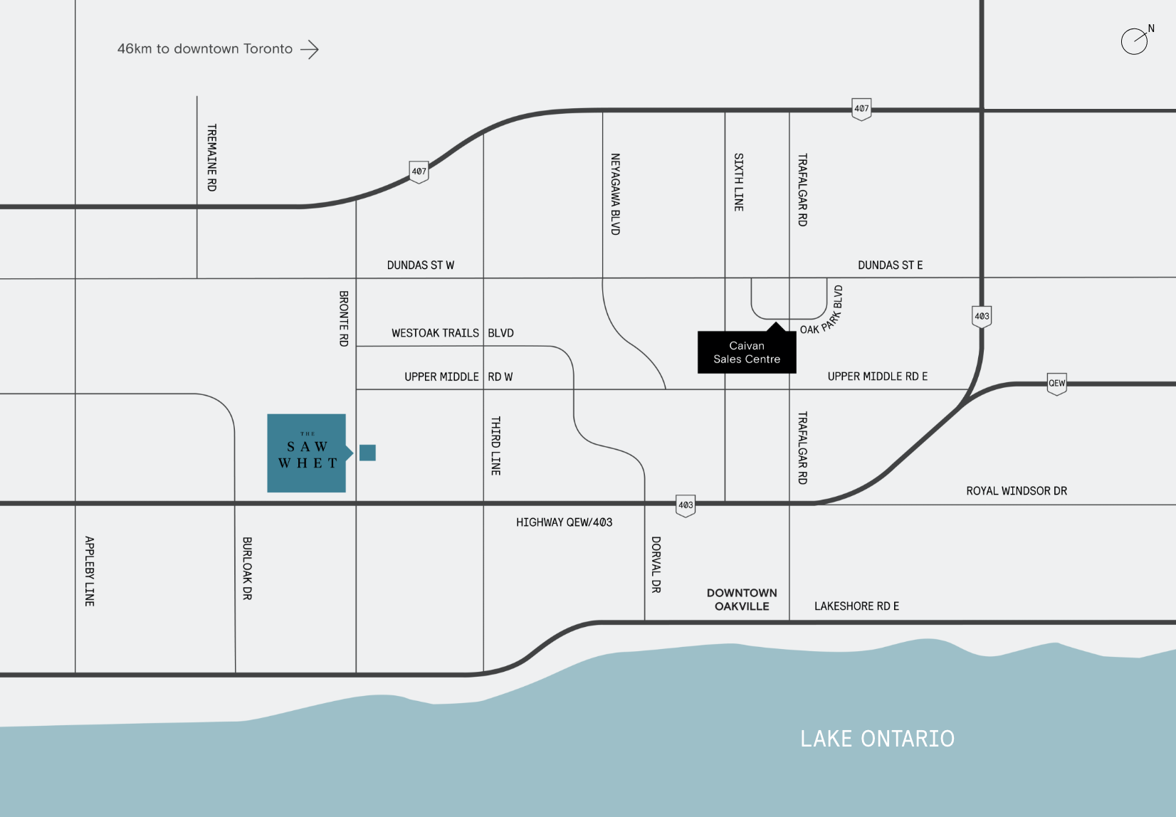 Street map showing The Saw Whet and the Caivan sales centre between Dundas Street and Lake Ontario