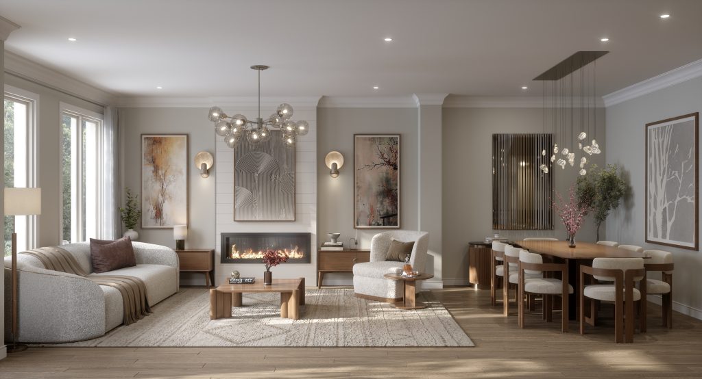 Series I Plan 3 at Fox Run: living room open to the dining area, with a linear fireplace