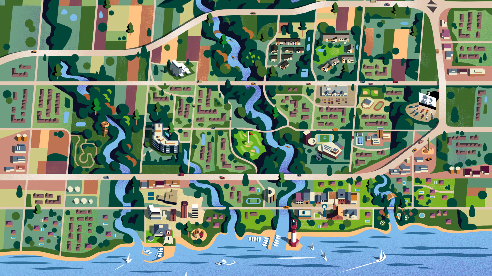 Illustrated map of Oakville, with the creek, streets, parks and the lakeshore