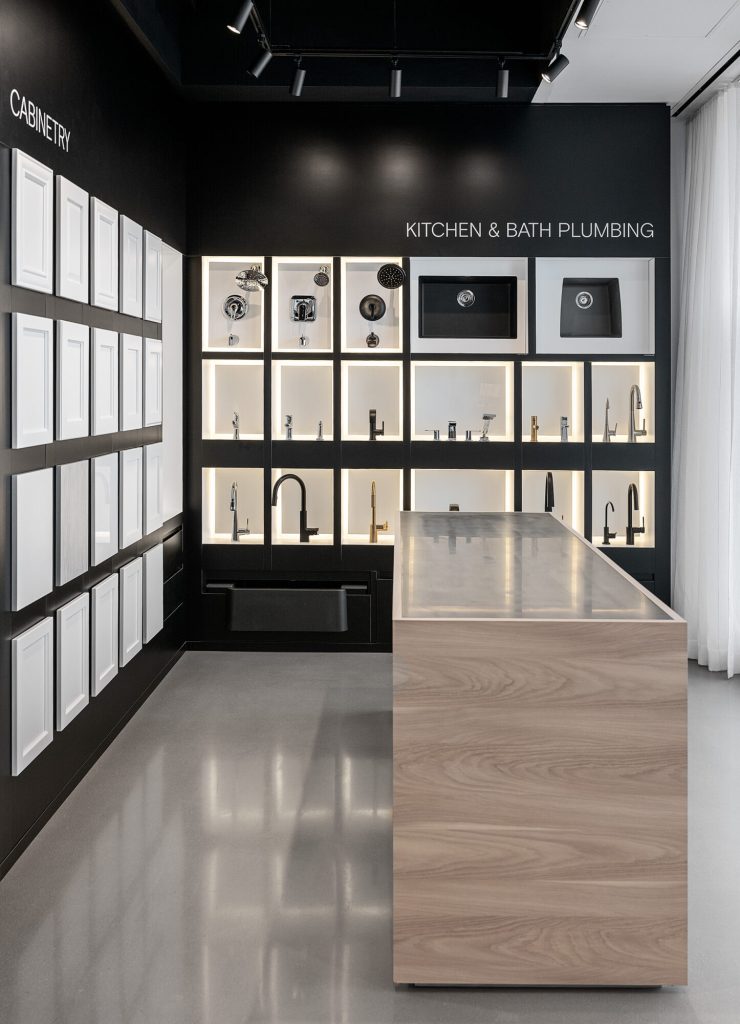 Wall of taps, sinks and kitchen and bath plumbing fittings in the Design Studio