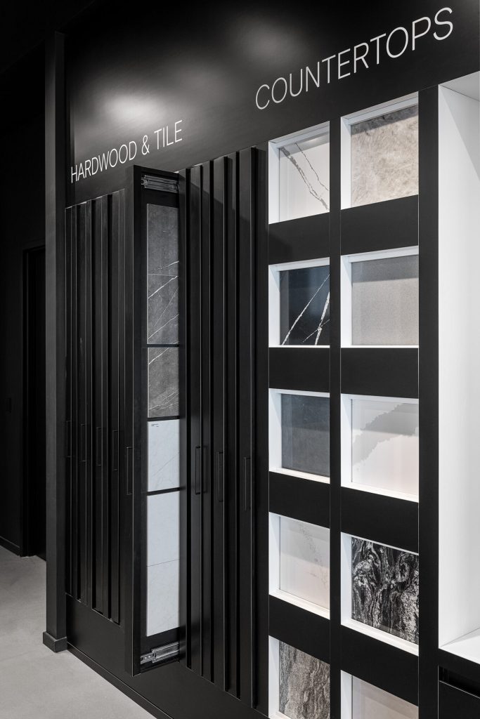 Display stands of hardwood, tile and countertop samples in the Design Studio