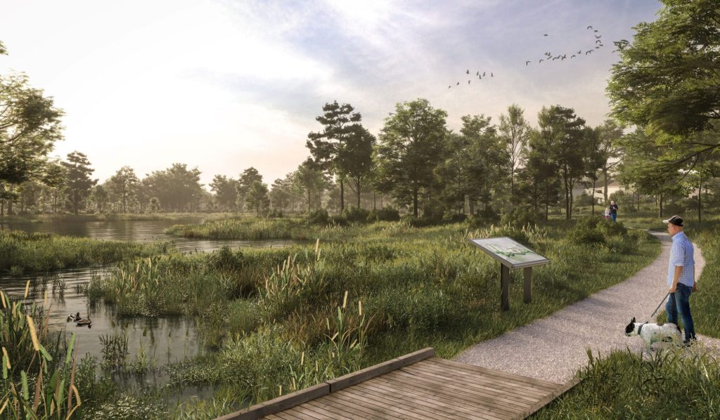 Rendering of a boardwalk and trail beside the wetland at The Conservancy