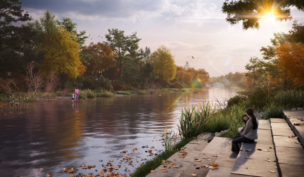 Rendering of the creek at The Conservancy at sunrise, with someone sitting on the bank