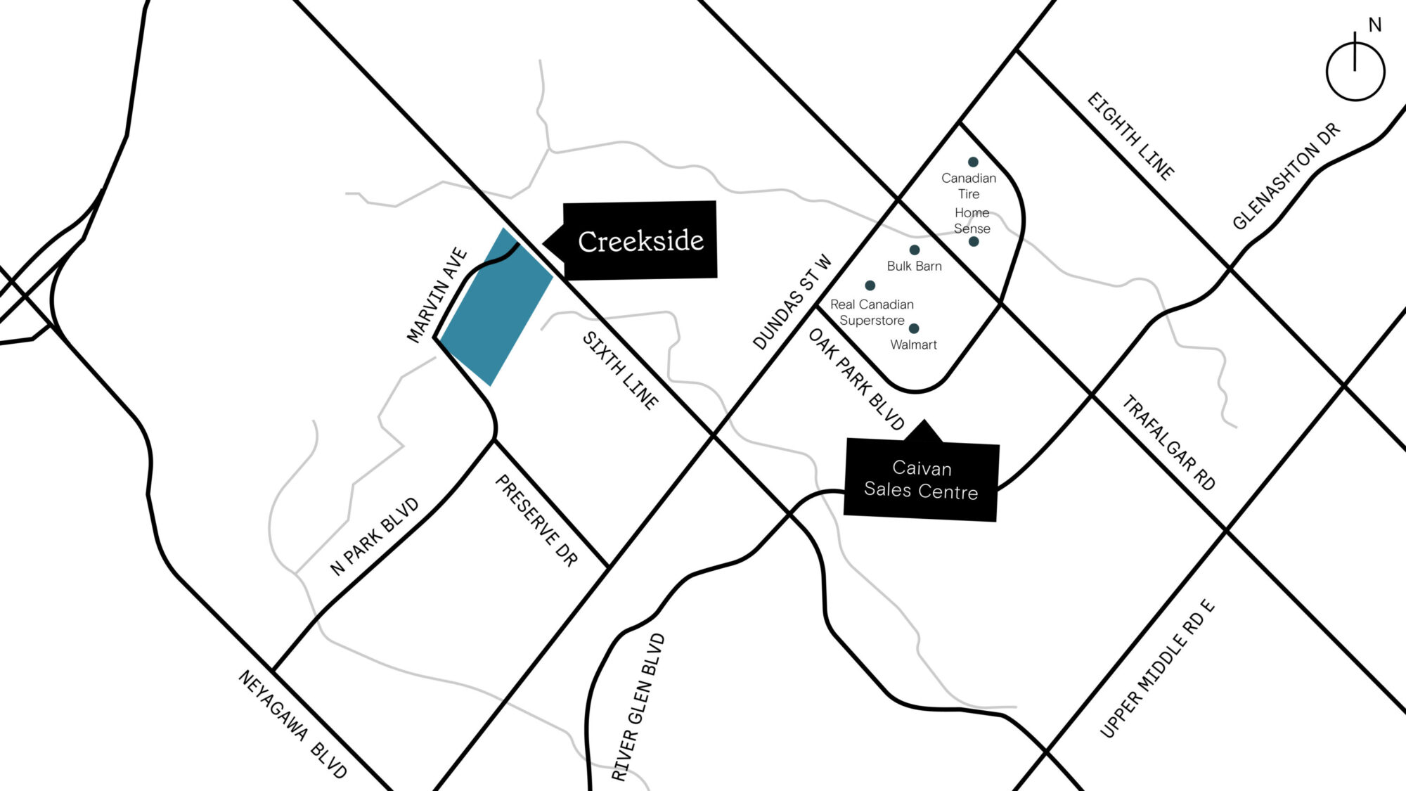 Key map showing Creekside and the Caivan sales centre on the Oakville road network