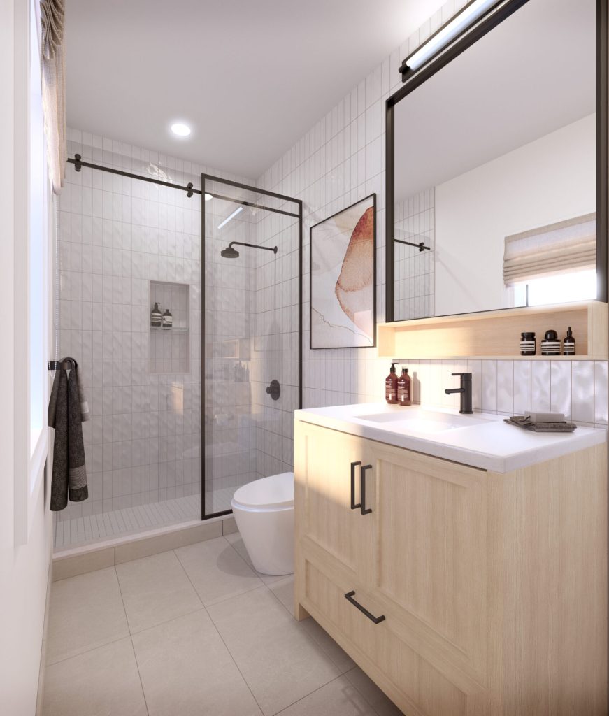 Cassette bathroom with a walk-in shower, pale oak vanity and black fittings