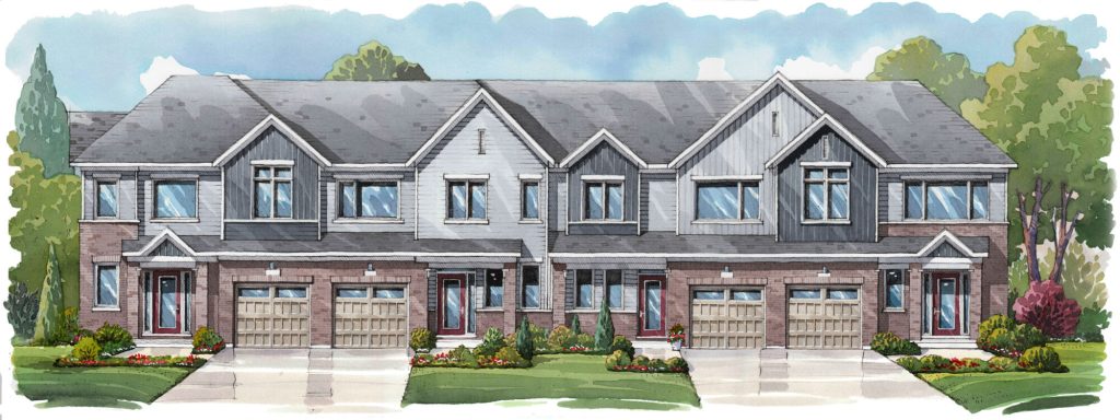 25' OpenPlan Towns at Cassette: elevation rendering of a town block with gabled dormers