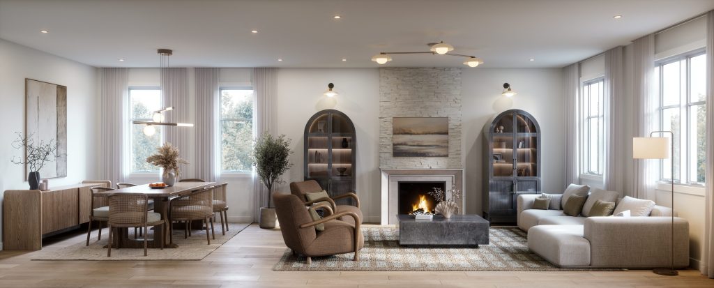 Series III Plan 3 at Fox Run: living room with a stone fireplace and arched alcoves