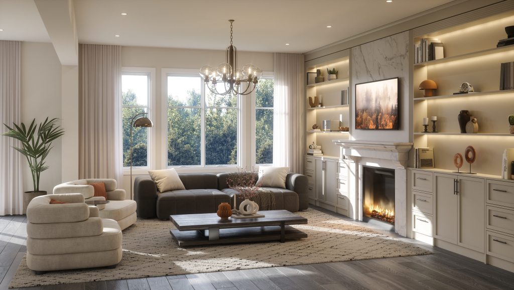 Series II Plan 3 at Fox Run: living room with a marble fireplace and built-in shelving