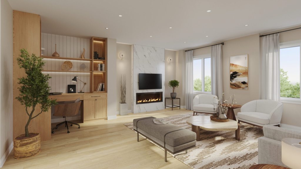 Great room with built-in shelving, a wall-mounted television and a bench seat