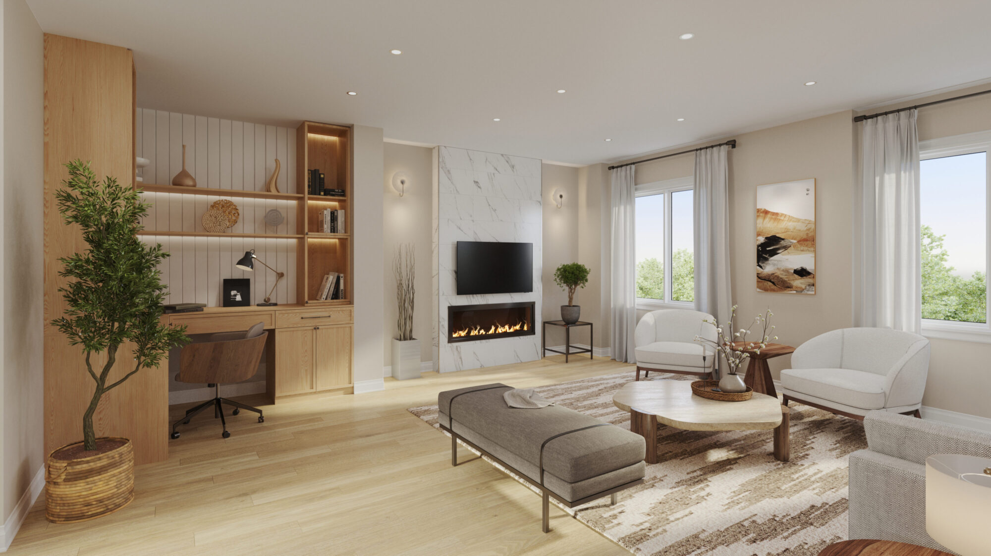 Great room with built-in shelving, a wall-mounted television and a bench seat
