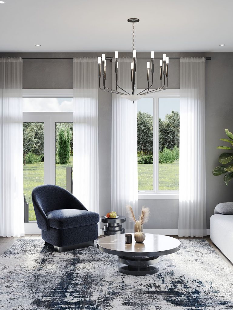 Summit Series upper residence Plan 2E at The Conservancy: great room with a chandelier and garden doors