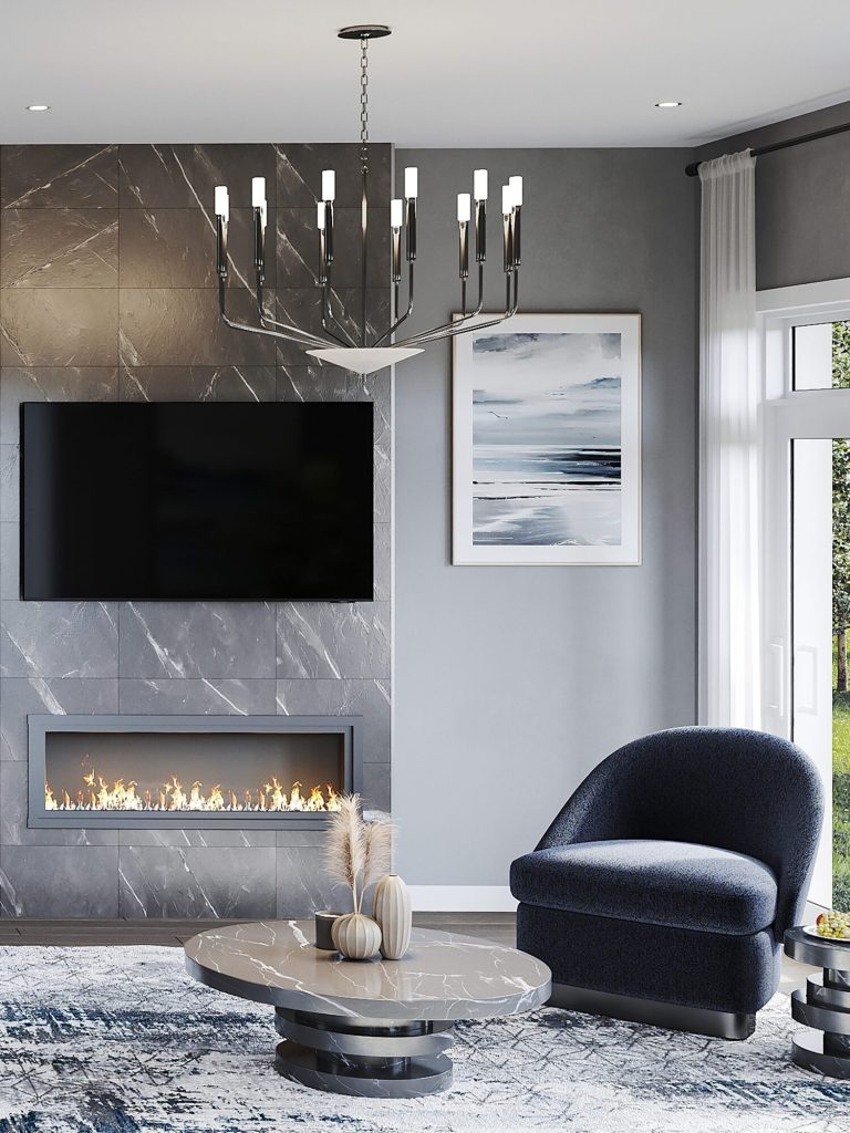 Summit Series upper residence Plan 2E at The Conservancy: great room with a marble fireplace below a television