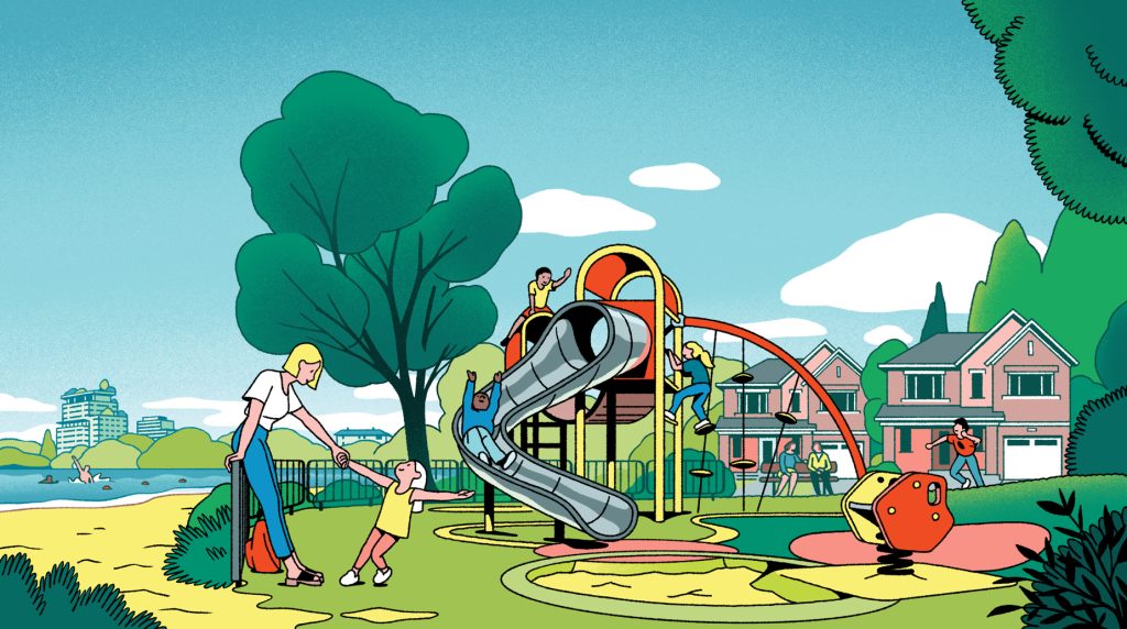 Illustration of children playing on a park slide and climbing frame at Orléans Village