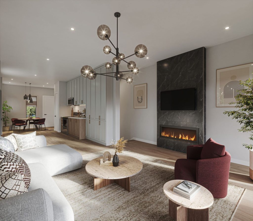 Summit Series lower residence Plan 1 at Orléans Village: living room with a linear fireplace